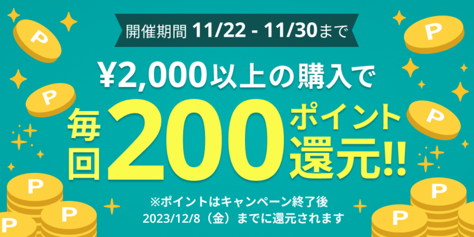 【11/30まで】2,000円購入で、200ポイント還元！  